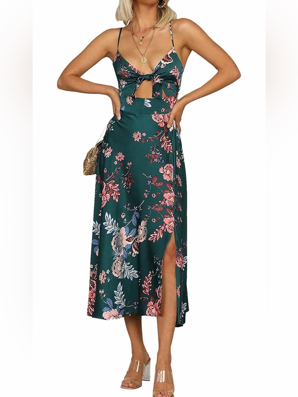 NWOT Dark Green Floral High-Low Tie-Front Midi Dress, Small